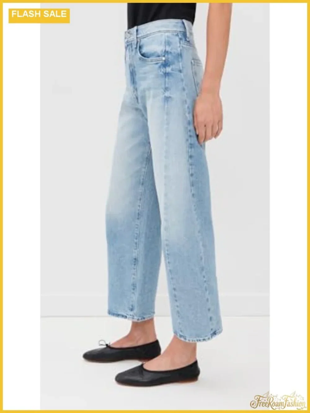 Non-Stretch High Rise Wide Leg Ankle Denim Jeans with 5 Pockets